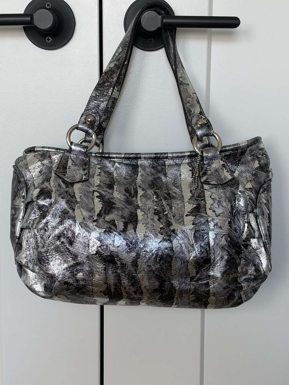 Marino Fabiani Italian Leather Shoulder Bag Metallic Abstract Marble Satchel